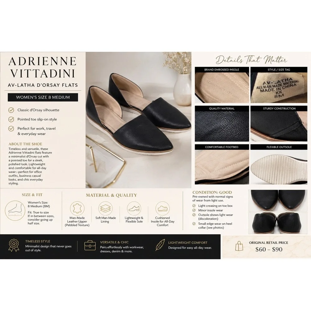 Adrienne Vittadini AV Latha Black D'Orsay Pointed Toe Flats Women's Size 8M